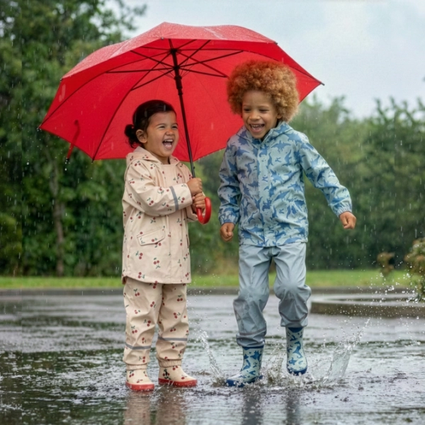 Trocken durch den Regentag Zwei Kinder spielen im Regen, planschen in Pfützen und teilen sich einen knallroten Regenschirm, umgeben von viel Grün.