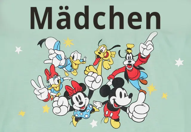 Mädchen Klassische Disney-Figuren: Mickey, Minnie, Donald, Daisy und Co. lächeln und posieren zusammen.
