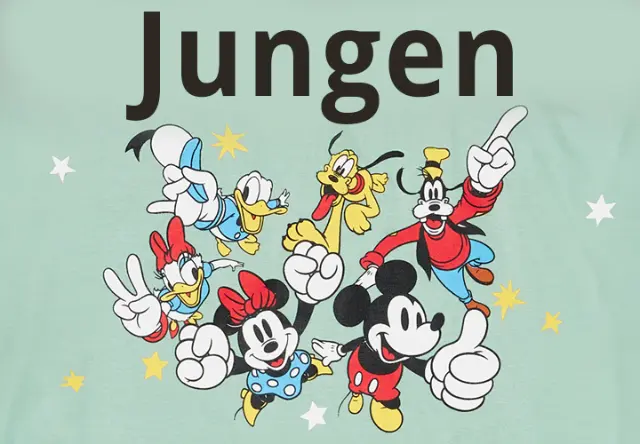 Jungen Klassische Disney-Figuren: Mickey, Minnie, Donald, Daisy und Co. lächeln und posieren zusammen.