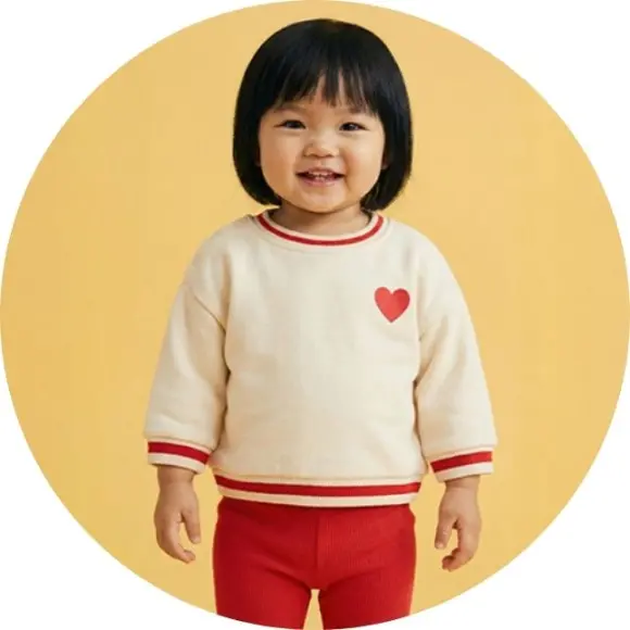 Ein Kleinkind steht vor gelben Hintergrund und trägt einen gelben Pullover mit einem Herzen.