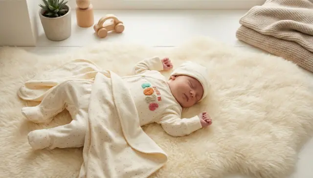 Baby in cremefarbenem Strampler liegt auf weicher Fellunterlage, daneben Decke und Holzspielzeug. Baby in cremefarbenem Strampler liegt auf weicher Fellunterlage, daneben Decke und Holzspielzeug.