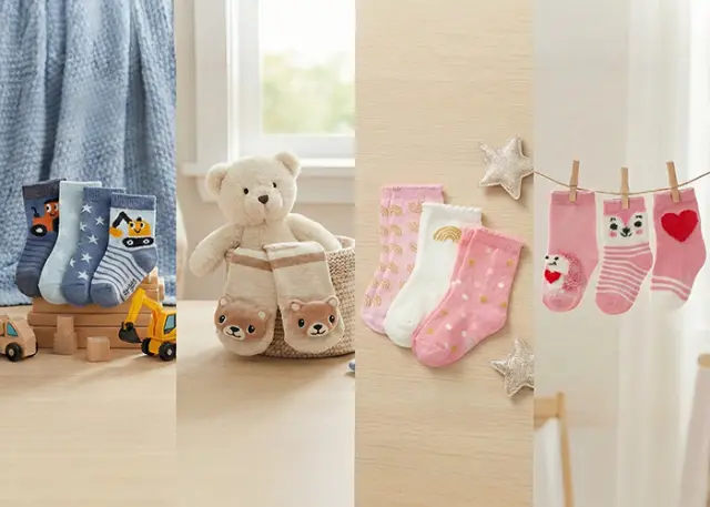 Bunte Kindersocken mit verschiedenen verspielten Designs, dekoriert mit einem Teddybären und Lichterdekoration in gemütlicher Atmosphäre. Bunte Kindersocken mit verschiedenen verspielten Designs, dekoriert mit einem Teddybären und Lichterdekoration in gemütlicher Atmosphäre.