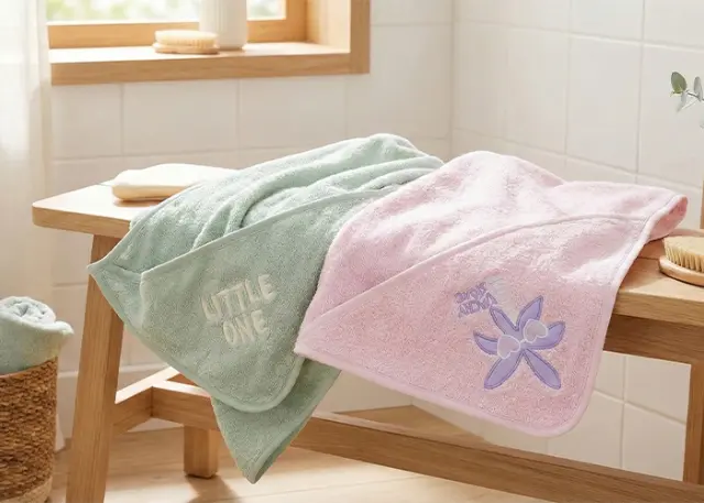 Zwei weiche Babyhandtücher, eines grün mit der Aufschrift „LITTLE ONE“ und eines rosa mit Blumenmotiv, liegen auf einem Holztisch am Fenster. Zwei weiche Babyhandtücher, eines grün mit der Aufschrift „LITTLE ONE“ und eines rosa mit Blumenmotiv, liegen auf einem Holztisch am Fenster.