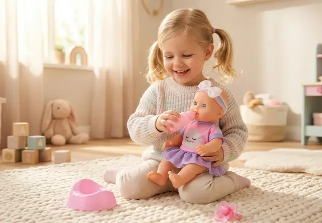 Ein kleines Mädchen mit Zöpfen sitzt auf einem Teppich und füttert eine Puppe mit einer Spielzeugflasche in einem hellen, gemütlichen Zimmer. Ein kleines Mädchen mit Zöpfen sitzt auf einem Teppich und füttert eine Puppe mit einer Spielzeugflasche in einem hellen, gemütlichen Zimmer.