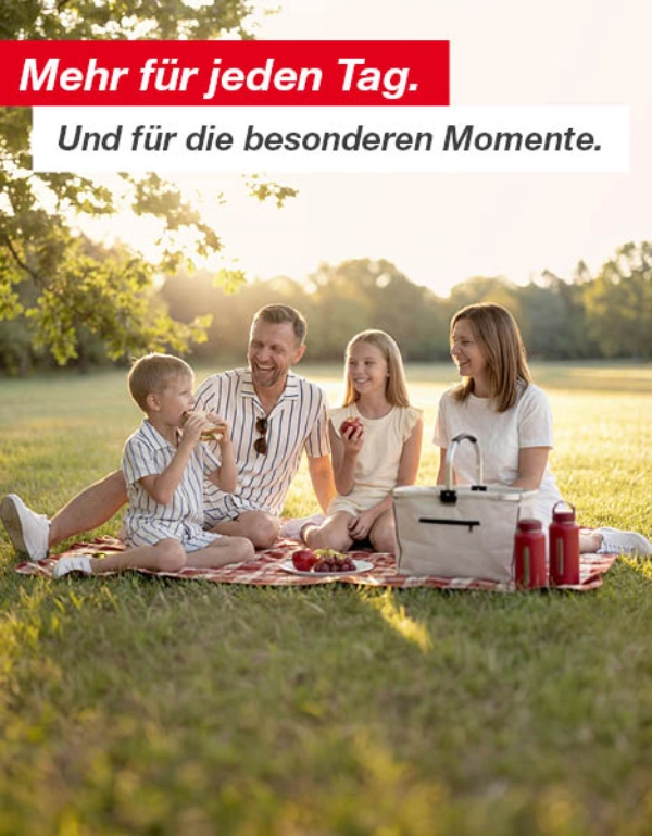 Vierköpfige Familie genießt ein Picknick auf einer Decke in einem sonnigen Park mit Bäumen und weiter Rasenfläche.