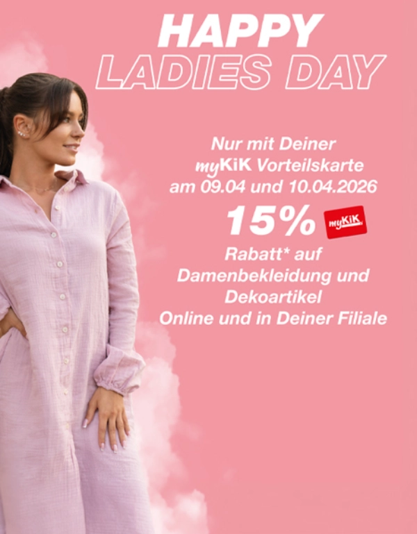 Frau in rosa Kleid links, rosa Hintergrund mit Text zu „Happy Ladies Day“ – 15 % Rabatt auf Damenbekleidung und Dekoartikel mit der myKiK-Karte.