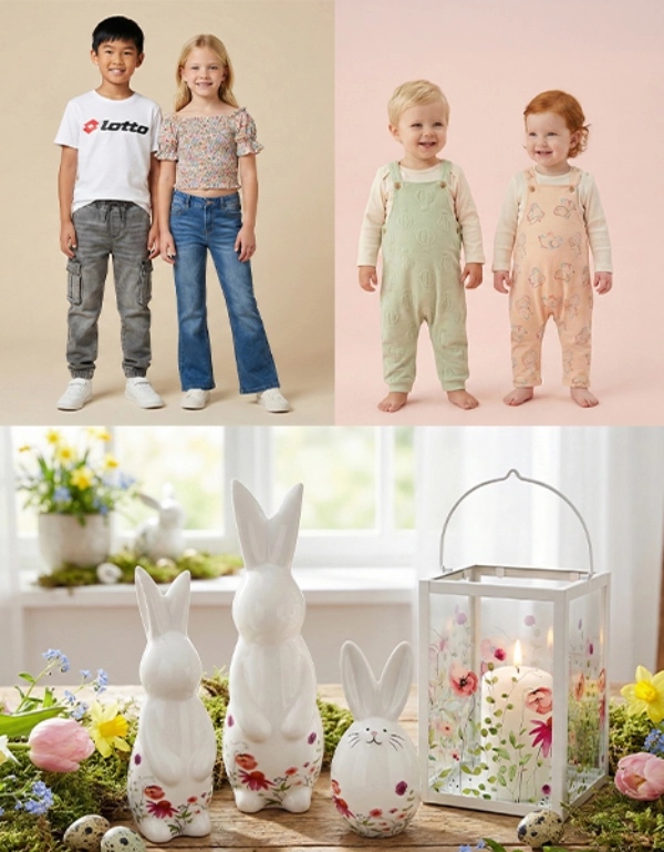Zwei Kinder in lässiger Kleidung stehen zusammen, daneben zwei Kleinkinder in weichen Overalls. Auf einem dekorativen Tisch stehen Porzellan-Hasen und eine Laterne.