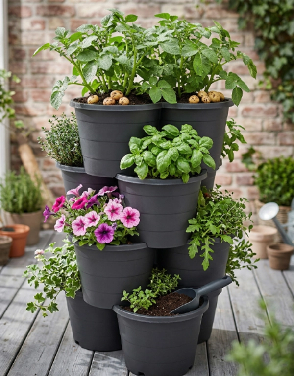 Frau entspannt sich mit Getränk auf sonnigem Balkon, umgeben von bunten Balkonblumen und Pflanzkästen – schafft eine gemütliche, blühende Wohlfühloase für Zuhause