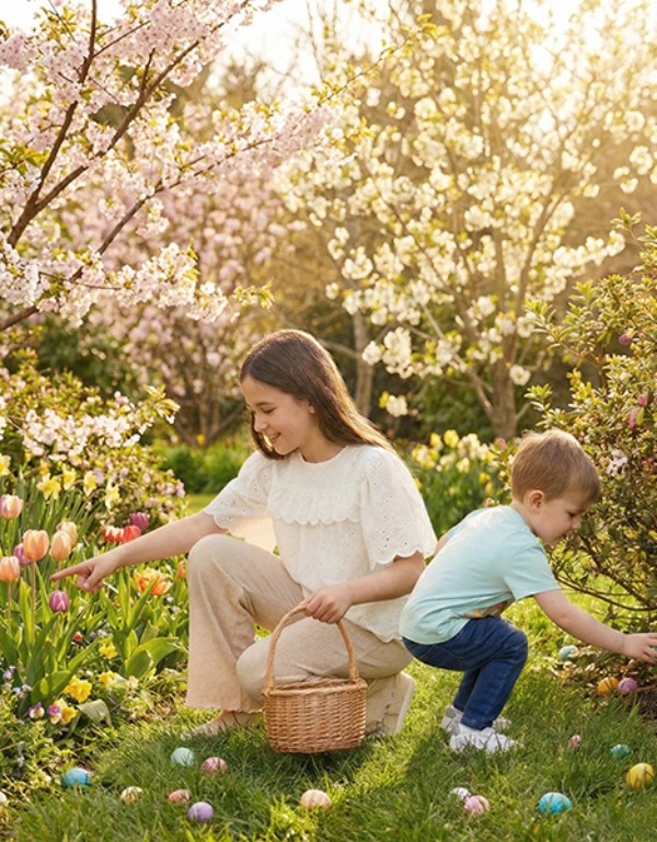Eine Frau und ein Kind sammeln bunte Ostereier zwischen blühenden Blumen in einem sonnendurchfluteten Garten, umgeben von Frühlingsblüten.