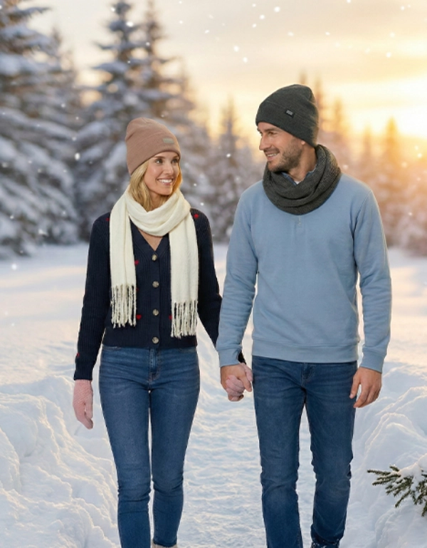 Paar im Winterwald mit Strickmode, Mützen und Schals bei verschneiter Landschaft