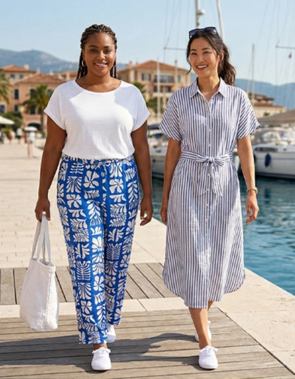 Zwei Frauen spazieren in sommerlichen Outfits am Hafen entlang – luftige Mode für stilvolle und entspannte Urlaubsmomente