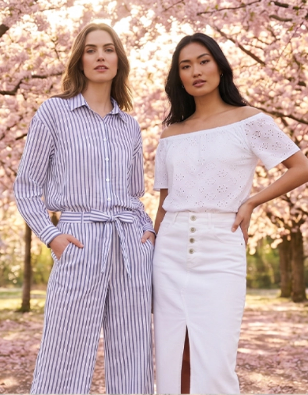 Zwei Frauen präsentieren moderne Damenmode unter blühenden Bäumen – frische Frühlingslooks für stilvolle und feminine Outfits