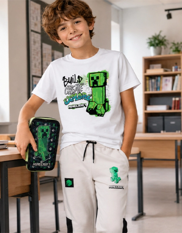 Minecraft Schuloutfit mit Federmäppchen für den Schulstart