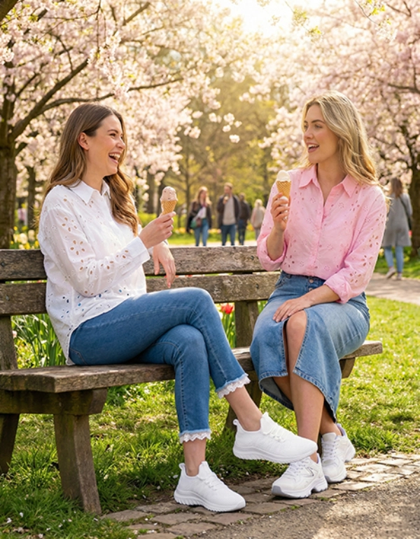 Zwei Frauen sitzen auf einer Bank und genießen Eis unter blühenden Kirschbäumen, während bunte Blumen den Weg in einem sonnigen Park säumen.