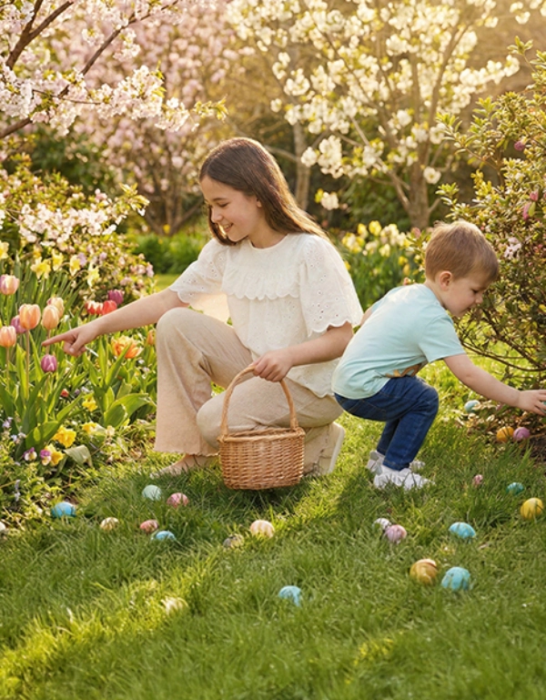 Eine Frau und ein Kind sammeln bunte Ostereier zwischen blühenden Blumen in einem sonnendurchfluteten Garten, umgeben von Frühlingsblüten.
