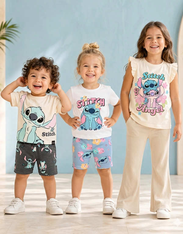 Drei lächelnde Kinder stehen nebeneinander in bunten Stitch‑Outfits vor einem pastellblauen und beigen Hintergrund mit Pflanzen und strahlen Freude aus.