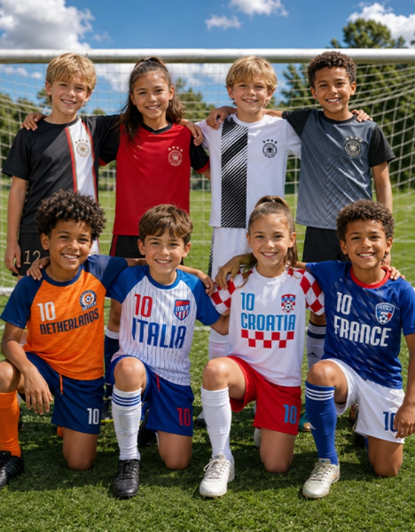 Gruppe von acht Kindern in internationalen Fußballtrikots steht Arm in Arm auf einem Spielfeld vor einem Tor, ein Fußball liegt davor.