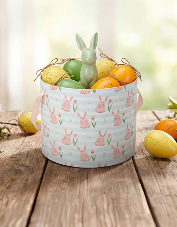 Dekorativer Osterkorb mit pastellfarbenen Hasenmotiven, gefüllt mit bunten Sprenkeln‑Eiern und einem grünen Keramikhasen auf einer Holzoberfläche.