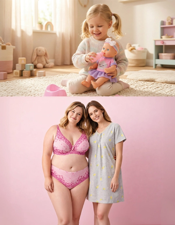 Zwei Frauen posieren in Nachtwäsche vor einem rosa Hintergrund, während ein Kleinkind in einem gemütlichen, sonnendurchfluteten Raum eine Puppe füttert.