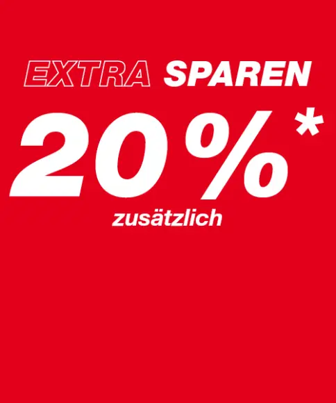 Rote Werbegrafik mit dem auffälligen Text „EXTRA SPAREN 20 % zusätzlich”, der auf einen zusätzlichen Rabatt von 20 % hinweist.