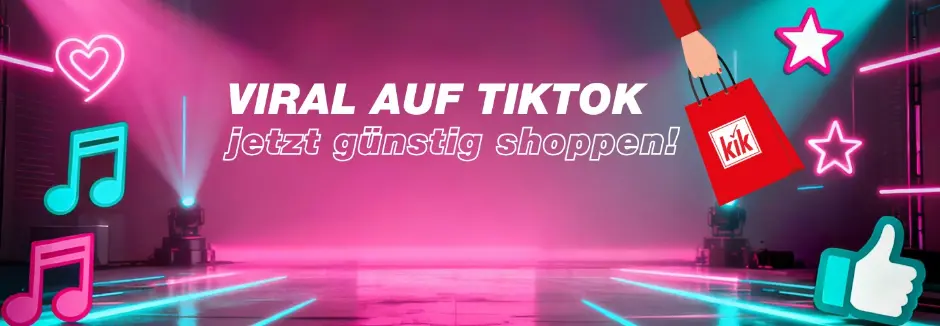 Eine Werbegrafik wo eine Kik-Einkaufstasche in der Luft schwebt vor einem blau pink schwarzen Hintergrund worauf steht: Viral auf Tiktok - Günstig bei KiK!