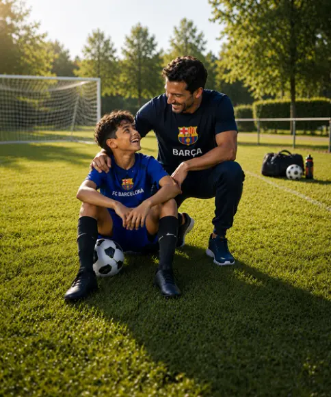 Vater und Sohn in FC Barcelona Fußballshirts sitzen mit Fußball auf dem Spielfeld