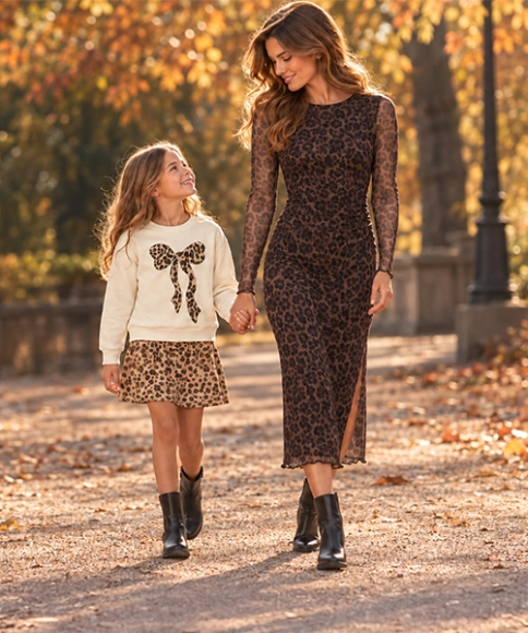 Damen und Mädchen im herbstlichen Leoprint Partnerlook bei einem Spaziergang