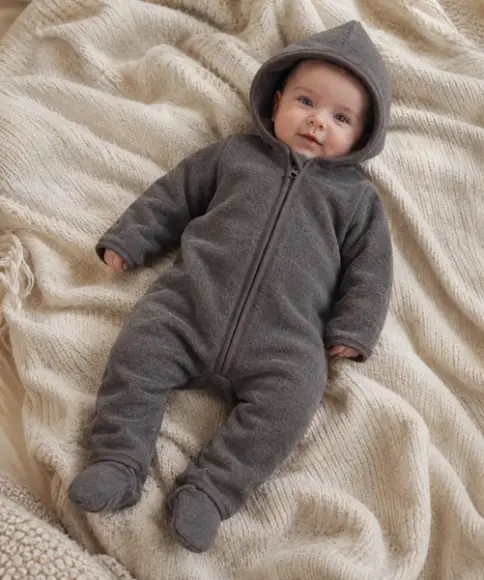Baby im grauen Merinowolle Overall mit Kapuze