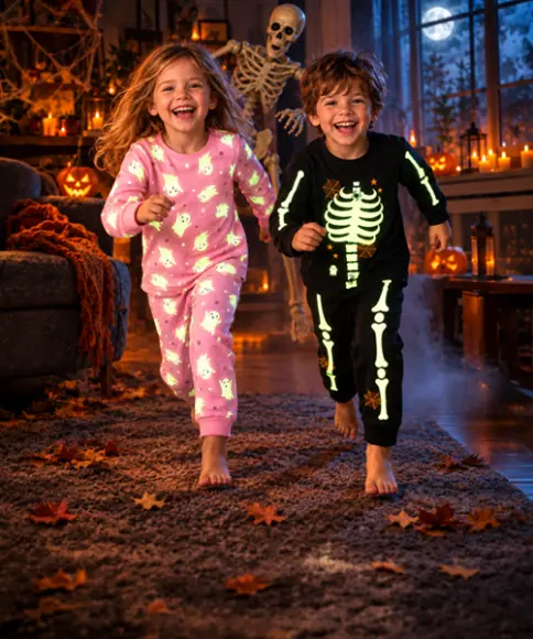 Kinder in Halloween-Pyjamas mit Geister- und Skelettmotiven