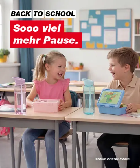 Back to School mit Brotdosen und Trinkflaschen für die Schulpause – Kinder sitzen fröhlich im Klassenzimmer