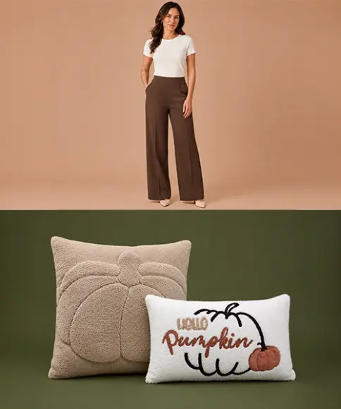 Damen Herbstoutfit mit weißem T-Shirt und brauner Hose sowie dekorative Kissen mit Kürbismotiven