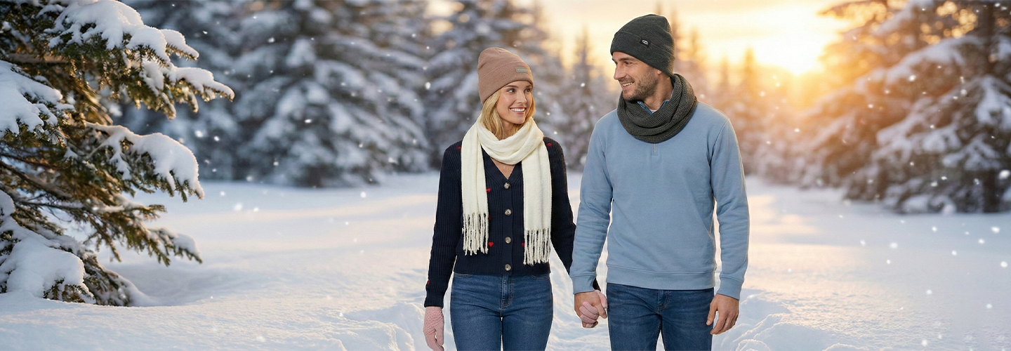 Paar im Winterwald mit Strickmode, Mützen und Schals bei verschneiter Landschaft